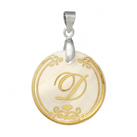 Picture of Resin & Shell Pendants Round Natural Color Initial Alphabet/ Letter "D" 33mm(1 2/8") x 22mm( 7/8"), 3 PCs