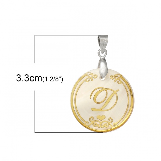 Picture of Resin & Shell Pendants Round Natural Color Initial Alphabet/ Letter "D" 33mm(1 2/8") x 22mm( 7/8"), 3 PCs