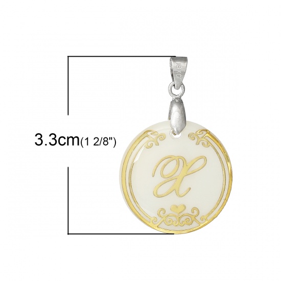 Picture of Resin & Shell Pendants Round Natural Color Initial Alphabet/ Letter "X" 33mm(1 2/8") x 22mm( 7/8"), 3 PCs