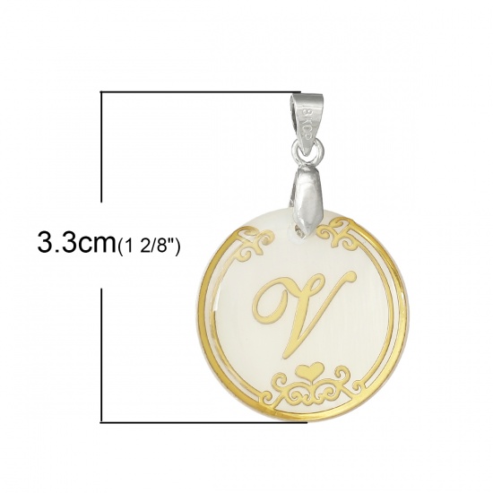 Picture of Resin & Shell Pendants Round Natural Color Initial Alphabet/ Letter "V" 33mm(1 2/8") x 22mm( 7/8"), 3 PCs