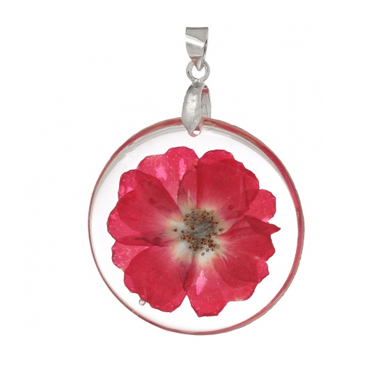 Picture of Resin Charm Pendants Round Transparent Red Real Flower 44.0mm(1 6/8") x 32.0mm(1 2/8"), 3 PCs