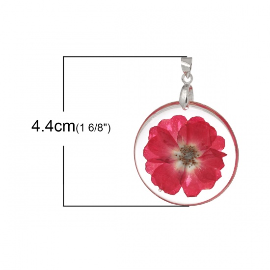 Picture of Resin Charm Pendants Round Transparent Red Real Flower 44.0mm(1 6/8") x 32.0mm(1 2/8"), 3 PCs