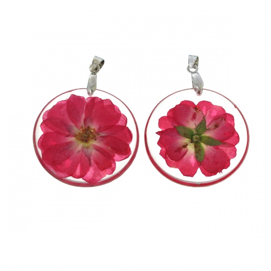 Picture of Resin Charm Pendants Round Transparent Red Real Flower 44.0mm(1 6/8") x 32.0mm(1 2/8"), 3 PCs