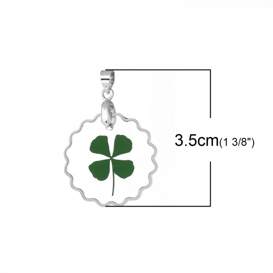 Picture of Resin Charm Pendants Round Transparent Green Four Leaf Clover 35.0mm(1 3/8") x 25.0mm(1"), 3 PCs