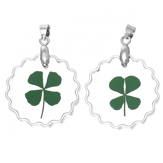 Picture of Resin Charm Pendants Round Transparent Green Four Leaf Clover 35.0mm(1 3/8") x 25.0mm(1"), 3 PCs