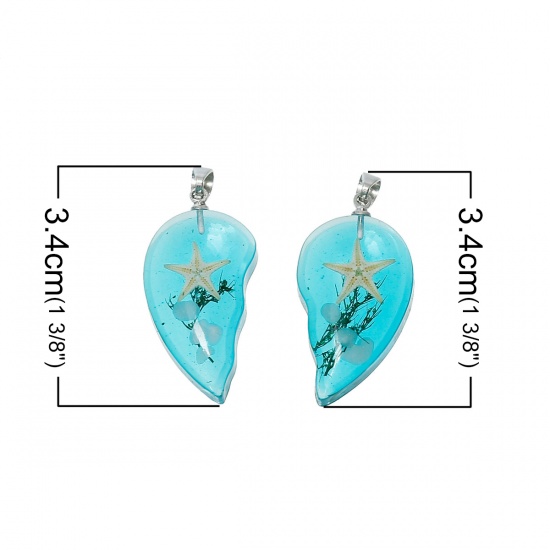 Picture of Ocean Jewelry Resin Couples Pendants Broken Heart Transparent Green Blue Real Star Fish 34mm(1 3/8") x 31mm(1 2/8"), 1 Pair