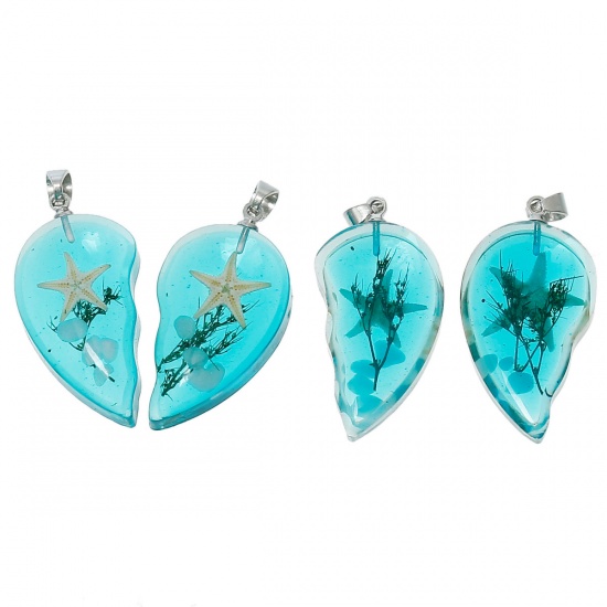 Picture of Ocean Jewelry Resin Couples Pendants Broken Heart Transparent Green Blue Real Star Fish 34mm(1 3/8") x 31mm(1 2/8"), 1 Pair