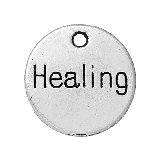 Immagine di Lega di Zinco Charm Ciondoli Tondo Argento Antico Lettere Scolpito " Healing " 14mm Dia, 30 Pz