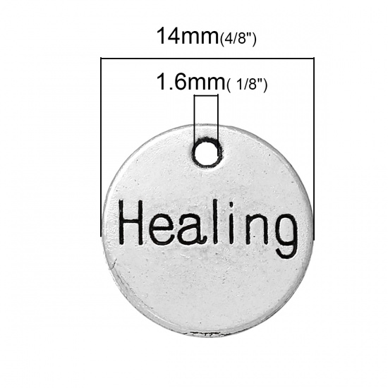 Immagine di Lega di Zinco Charm Ciondoli Tondo Argento Antico Lettere Scolpito " Healing " 14mm Dia, 30 Pz