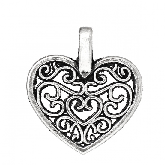 Picture of Zinc Metal Alloy Charm Pendants Heart Antique Silver Pattern Carved Hollow 16mm( 5/8") x 15mm( 5/8"), 50 PCs