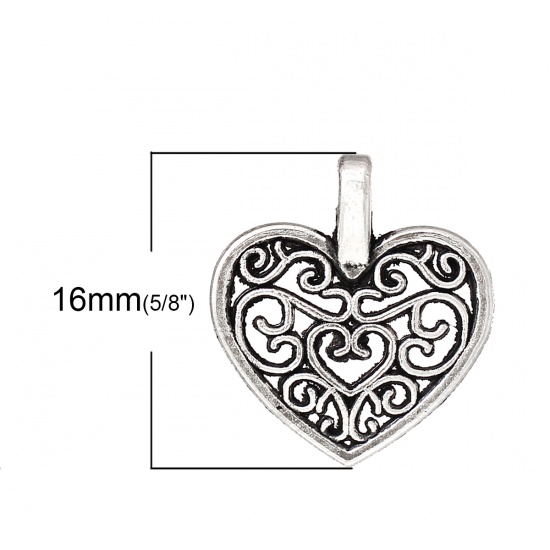 Immagine di Lega di Zinco Charm Ciondoli Cuore Argento Antico Filigrana 16mm x 15mm , 50 Pz