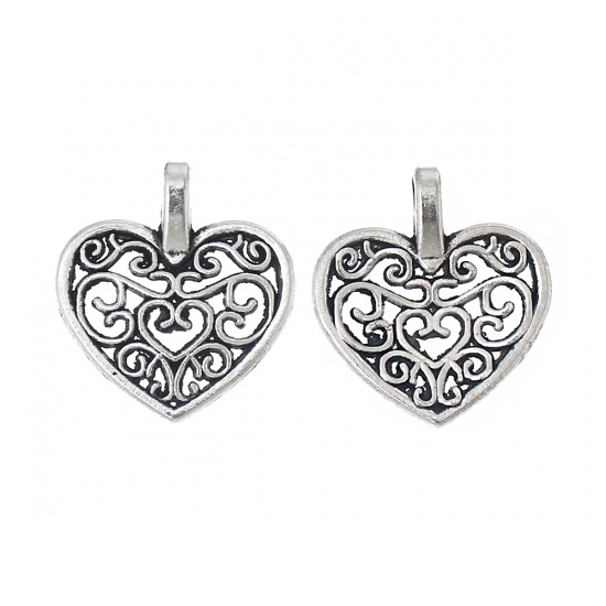 Immagine di Lega di Zinco Charm Ciondoli Cuore Argento Antico Filigrana 16mm x 15mm , 50 Pz