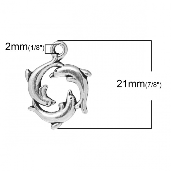 Picture of Ocean Jewelry Zinc Based Alloy Charms Dolphin Animal Antique Silver 21mm( 7/8") x 16mm( 5/8"), 30 PCs