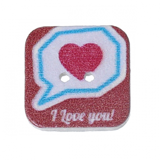 Picture of Wood Sewing Buttons Scrapbooking Square Multicolor 2 Holes Heart Message " I Love You " Pattern 20mm( 6/8") x 20mm( 6/8"), 50 PCs