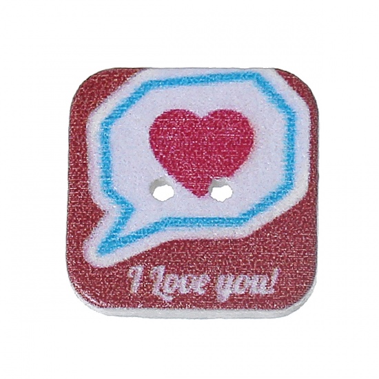 Picture of Wood Sewing Buttons Scrapbooking Square Multicolor 2 Holes Heart Message " I Love You " Pattern 24mm(1") x 24mm(1"), 50 PCs