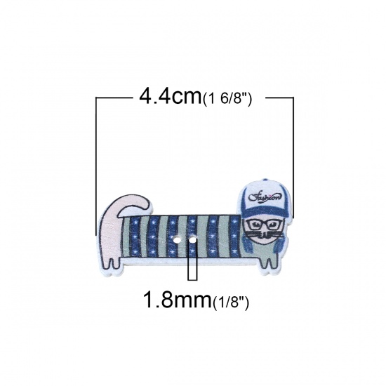 Picture of Wood Sewing Buttons Scrapbooking Hip Hop Dachshund Dog Animal Blue 2 Holes Stripe Pattern 44mm(1 6/8") x 22mm( 7/8"), 50 PCs