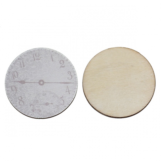 Picture of Natural Wood Cabochons Scrapbooking Embellishments Findings Round Gray Clock Pattern 3.8cm(1 4/8") Dia, 30 PCs