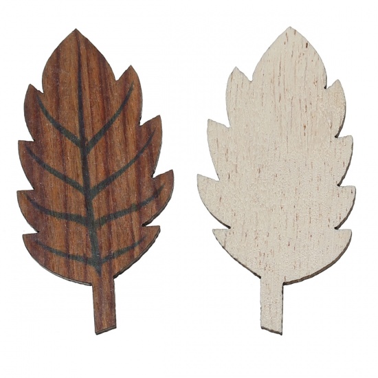 Picture of Natural Wood Cabochons Scrapbooking Embellishments Findings Leaf Brown 49.0mm(1 7/8") x 25.0mm(1") , 20 PCs