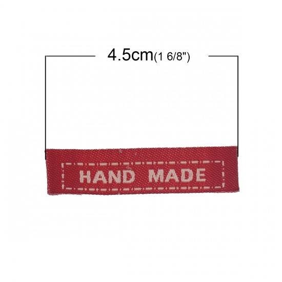 Immagine di Poliestere Etichette Stampate Rettangolo Rosso Lettere Lettere" Hand Made " 45.0mm x 10.0mm, 100 Pz