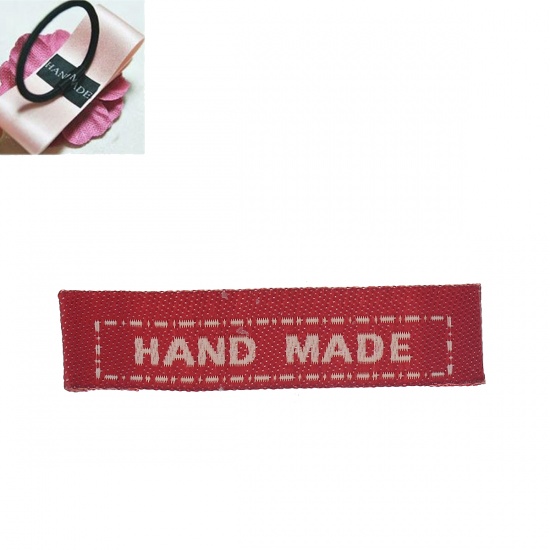 Immagine di Poliestere Etichette Stampate Rettangolo Rosso Lettere Lettere" Hand Made " 45.0mm x 10.0mm, 100 Pz