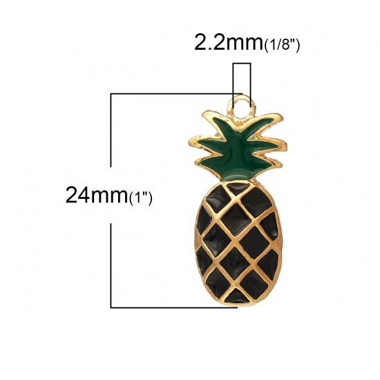 Picture of Zinc Based Alloy Charms Pineapple /Ananas Fruit Gold Plated Black & Green Enamel 24mm(1") x 11mm( 3/8"), 5 PCs