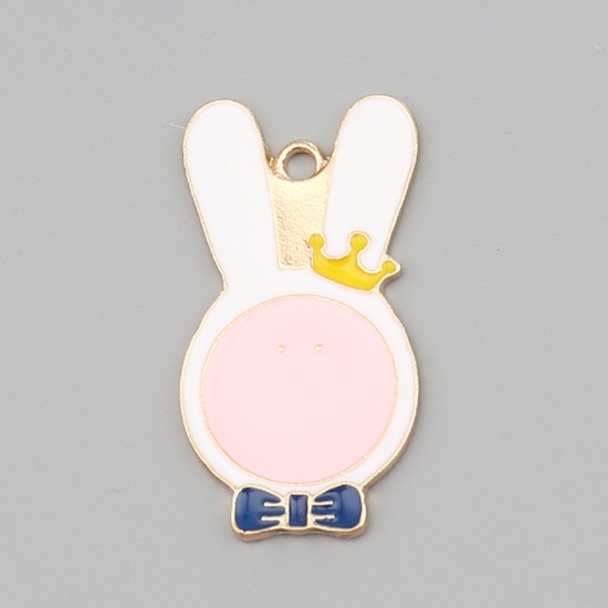 Picture of Zinc Based Alloy Pendants Rabbit Animal Gold Plated White & Pink Enamel 38mm x 20mm, 10 PCs
