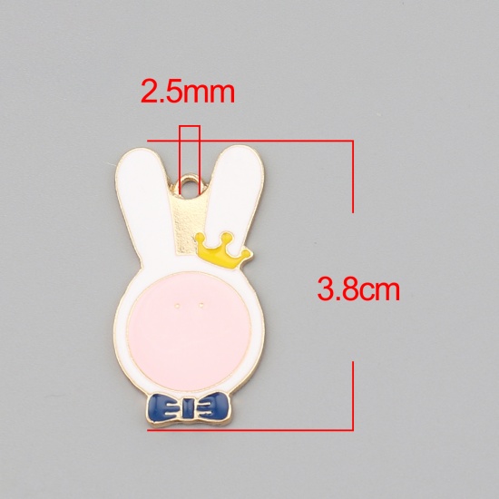 Picture of Zinc Based Alloy Pendants Rabbit Animal Gold Plated White & Pink Enamel 38mm x 20mm, 10 PCs