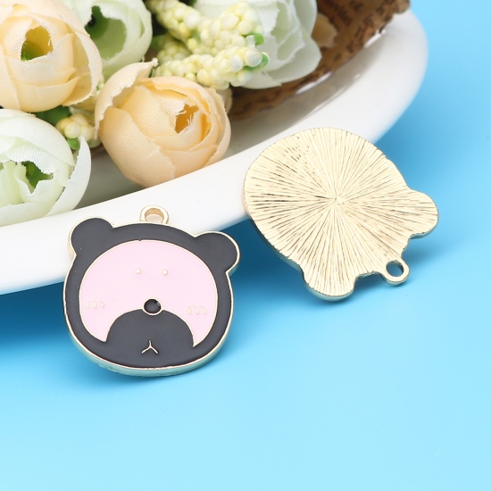 Picture of Zinc Based Alloy Charms Bear Animal Gold Plated Black & Pink Enamel 29mm x 15mm, 10 PCs