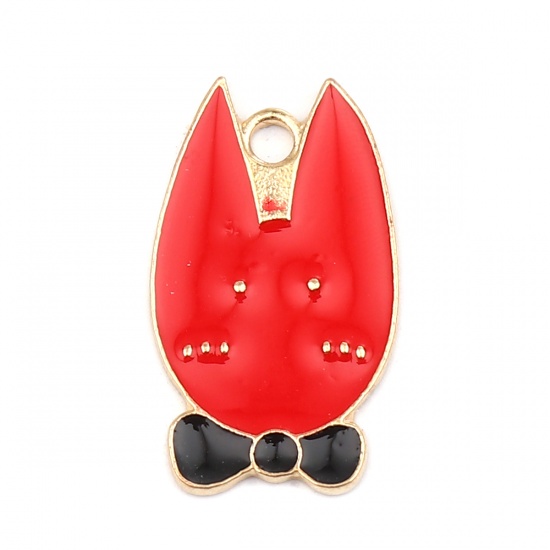 Picture of Zinc Based Alloy Pendants Rabbit Animal Gold Plated Black & Red Bowknot Enamel 32mm x 18mm, 10 PCs