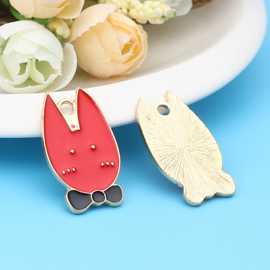 Picture of Zinc Based Alloy Pendants Rabbit Animal Gold Plated Black & Red Bowknot Enamel 32mm x 18mm, 10 PCs