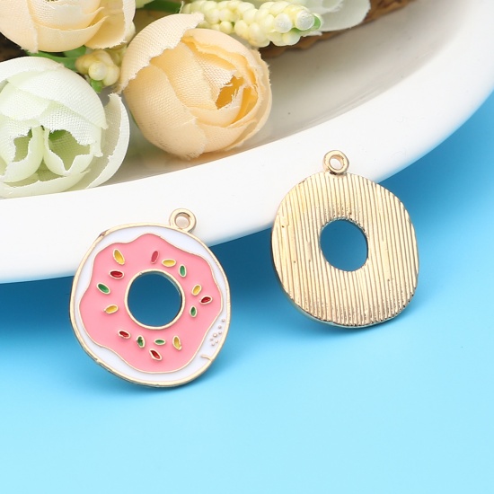 Picture of Zinc Based Alloy Charms Donut Gold Plated Pink Enamel 23mm x 20mm, 10 PCs