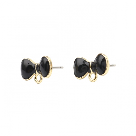 Picture of Zinc Based Alloy Enamel Ear Post Stud Earrings Findings Bowknot Gold Plated Black W/ Loop 14mm x 9mm, Post/ Wire Size: (21 gauge), 6 PCs