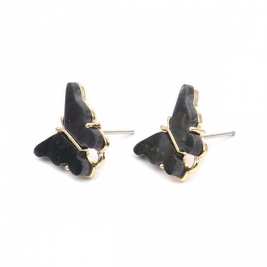 Picture of Zinc Based Alloy Insect Ear Post Stud Earrings Findings Butterfly Animal Gold Plated Dark Gray W/ Loop 14mm x 13mm, Post/ Wire Size: (21 gauge), 6 PCs