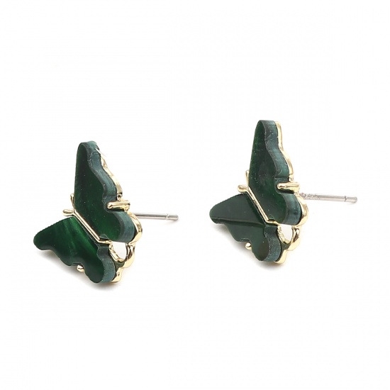 Picture of Zinc Based Alloy Insect Ear Post Stud Earrings Findings Butterfly Animal Gold Plated Dark Green W/ Loop 14mm x 13mm, Post/ Wire Size: (21 gauge), 6 PCs