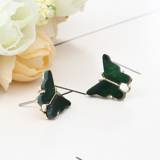 Picture of Zinc Based Alloy Insect Ear Post Stud Earrings Findings Butterfly Animal Gold Plated Dark Green W/ Loop 14mm x 13mm, Post/ Wire Size: (21 gauge), 6 PCs