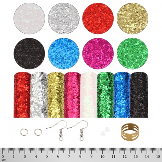 Immagine di PU Leather Material Accessory Set For DIY Earings Pendants Multicolor Sequins 21cm x 16cm, 1 Set