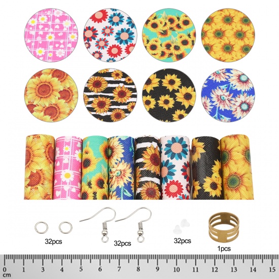 Picture of PU Leather Material Accessory Set For DIY Earings Pendants Multicolor Sunflower 21cm x 16cm, 1 Set