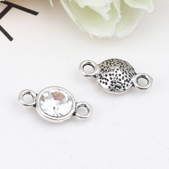 Picture of Zinc Based Alloy Connectors Round Antique Silver Color Clear Rhinestone 13mm x 7mm, 10 PCs