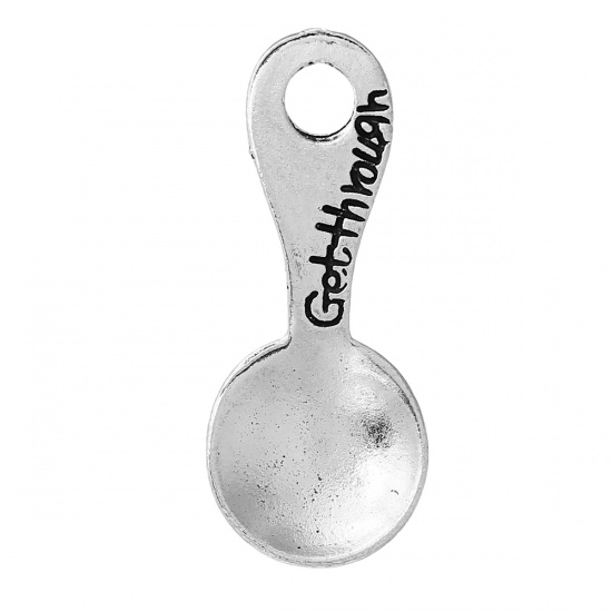 Immagine di Lega di Zinco Charm Ciondoli Cucchiaio Argento Antico Lettere Scolpito " Getthrough " 30mm x 12mm , 20 Pz