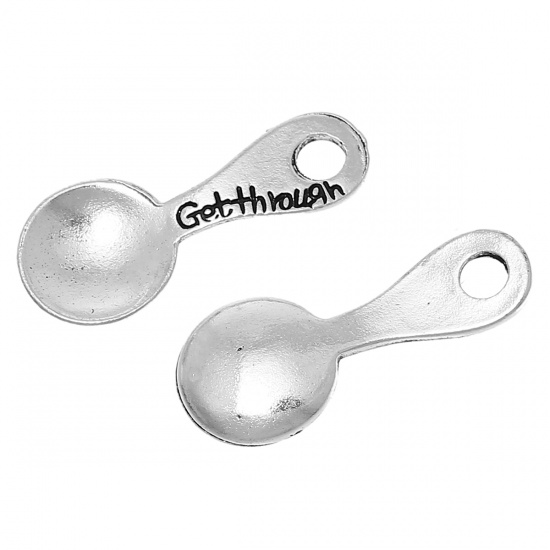 Immagine di Lega di Zinco Charm Ciondoli Cucchiaio Argento Antico Lettere Scolpito " Getthrough " 30mm x 12mm , 20 Pz