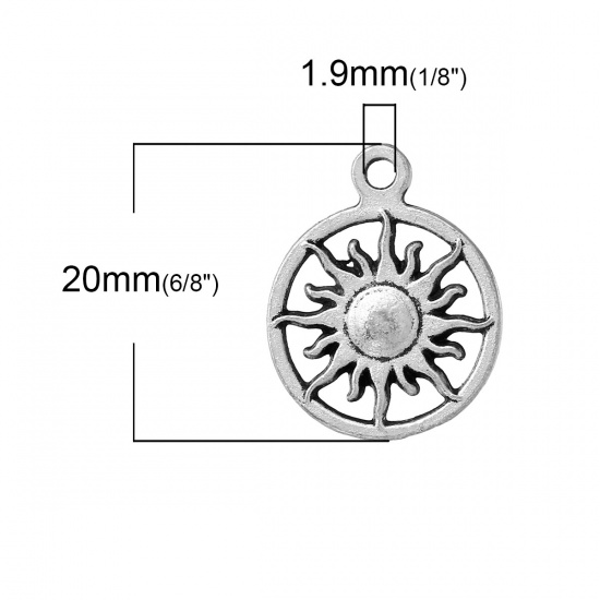 Picture of Zinc Metal Alloy Charm Pendants Round Antique Silver Sun Carved Hollow 20mm( 6/8") x 16mm( 5/8"), 20 PCs