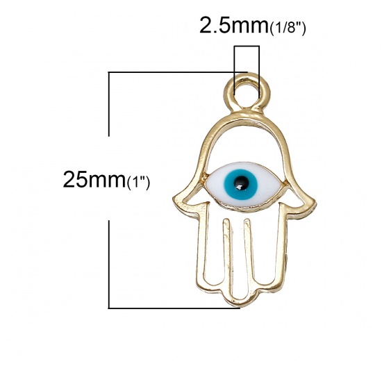 Picture of Zinc Based Alloy Charm Pendants Hamsa Symbol Hand Gold Plated Evil Eye Carved Blue Enamel 25mm(1") x 15mm( 5/8"), 10 PCs