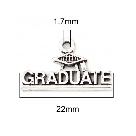 Picture of Zinc Based Alloy College Jewelry Charms Antique Silver Color Trencher Cap Message " Graduate " 22mm x 13mm, 20 PCs