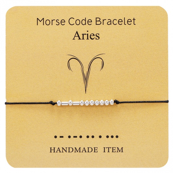 Picture of Brass Morse Code Braided Bracelets Silver Tone Black Aries Sign Of Zodiac Constellations Adjustable 1 Piece                                                                                                                                                   