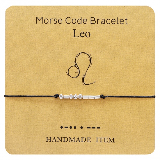 Picture of Brass Morse Code Braided Bracelets Silver Tone Black Leo Sign Of Zodiac Constellations Adjustable 1 Piece                                                                                                                                                     