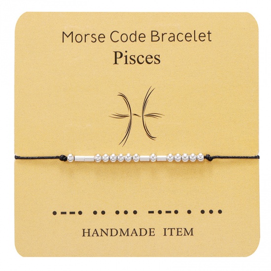 Picture of Brass Morse Code Braided Bracelets Silver Tone Black Pisces Sign Of Zodiac Constellations Adjustable 1 Piece                                                                                                                                                  
