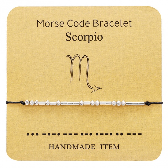 Picture of Brass Morse Code Braided Bracelets Silver Tone Black Scorpio Sign Of Zodiac Constellations Adjustable 1 Piece                                                                                                                                                 