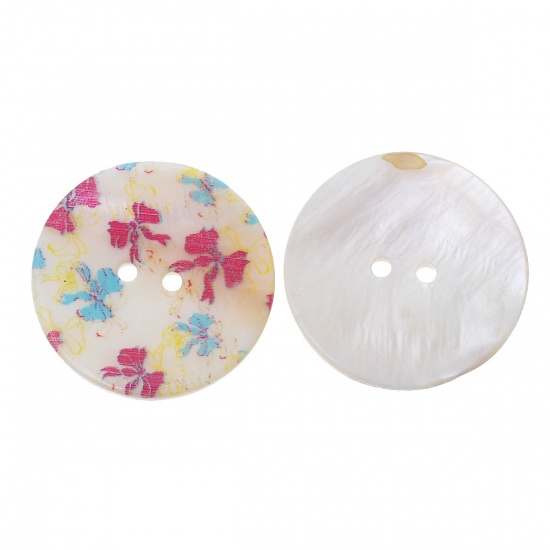 Picture of Natural Shell Sewing Button Scrapbooking 2 Holes Round Multicolor Bowknot Pattern 3cm(1 1/8") Dia, 12 PCs