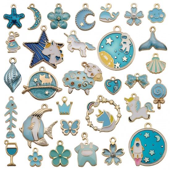 Immagine di Zinc Based Alloy Pendants Horse Animal Lake Blue Mixed Enamel 3cm - 1cm, 1 Set ( 31 PCs/Set)