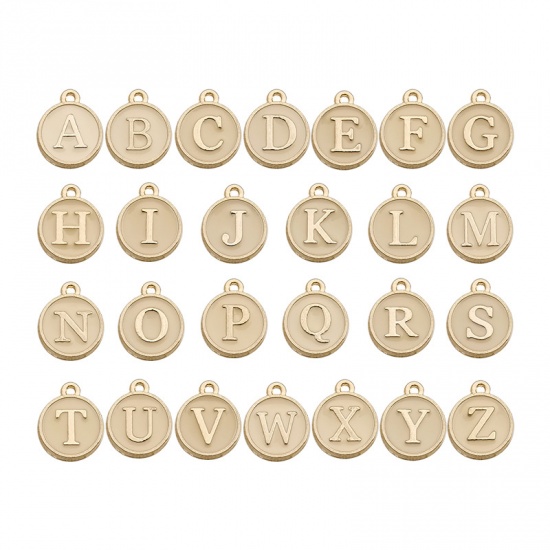 Picture of Zinc Based Alloy Charms Mixed Gold Plated Champagne Initial Alphabet/ Capital Letter Enamel 12mm Dia., 1 Set ( 26 PCs/Set)